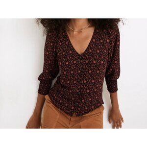 Madewell Blouse V Neck Polyester Long Sleeves Smocked Cuffs Floral Print Lightwe